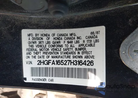 2007 Honda Civic Lx из США, поврежденный, VIN 2HGFA16527H316426